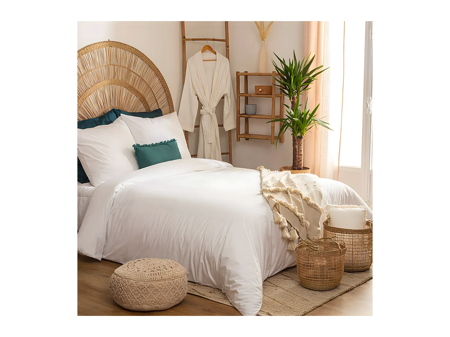 Parure de lit 2 Personnes en Percale de Coton Blanc 240 x 220 cm Housse de couette avec 2 taies