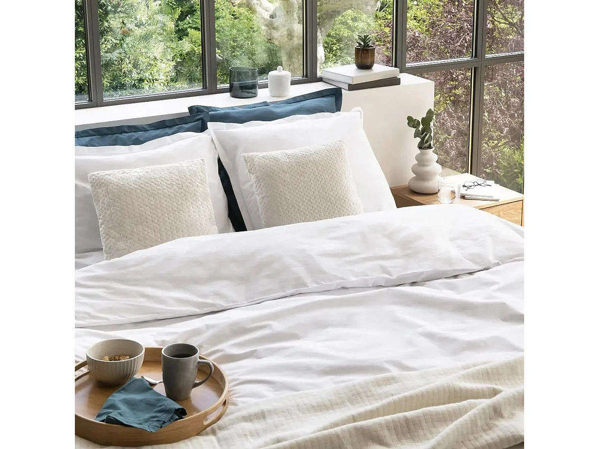 Parure de lit 2 Personnes en Percale de Coton Blanc 240 x 220 cm Housse de couette avec 2 taies