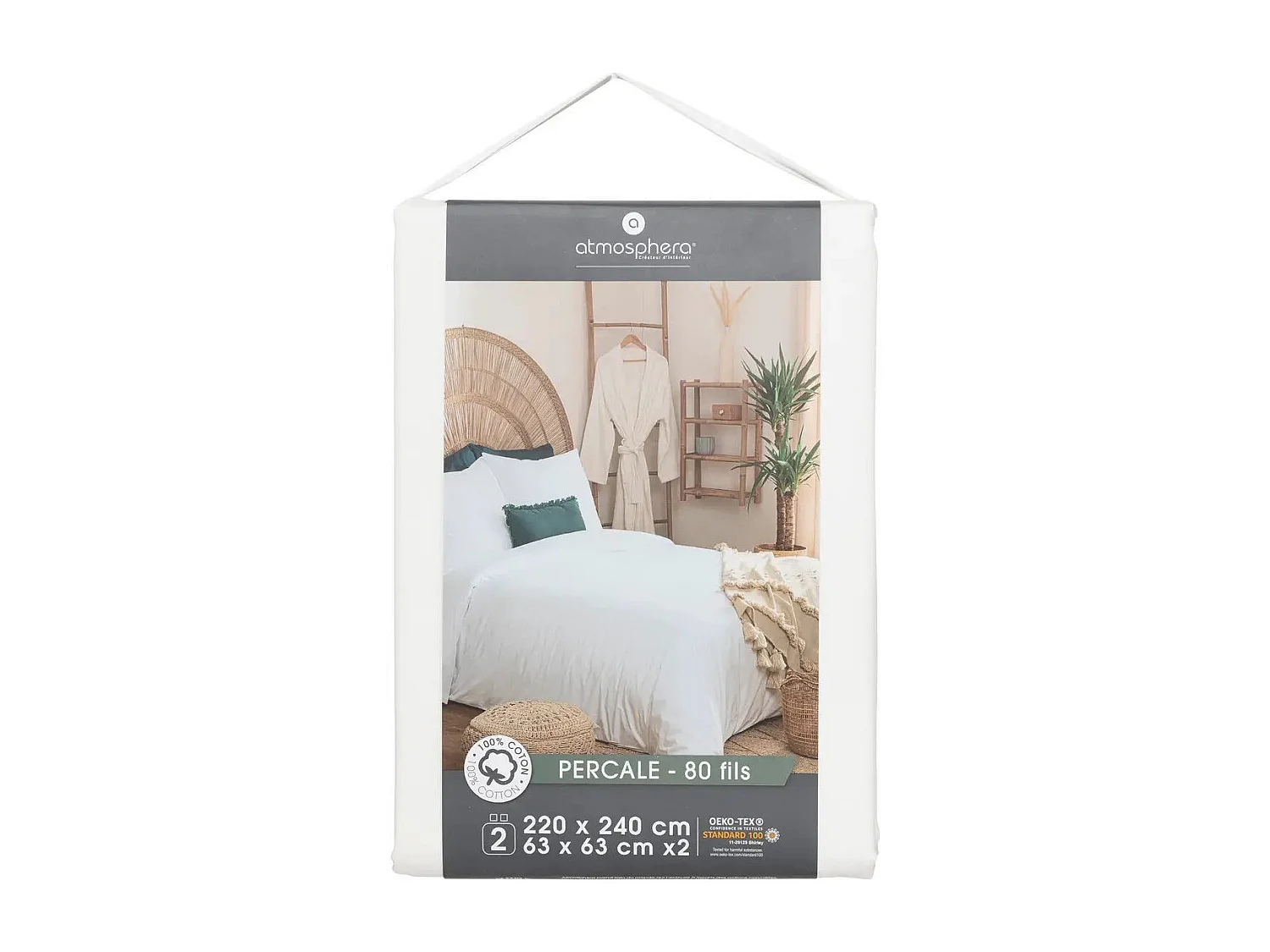 Parure de lit 2 Personnes en Percale de Coton Blanc 240 x 220 cm Housse de couette avec 2 taies