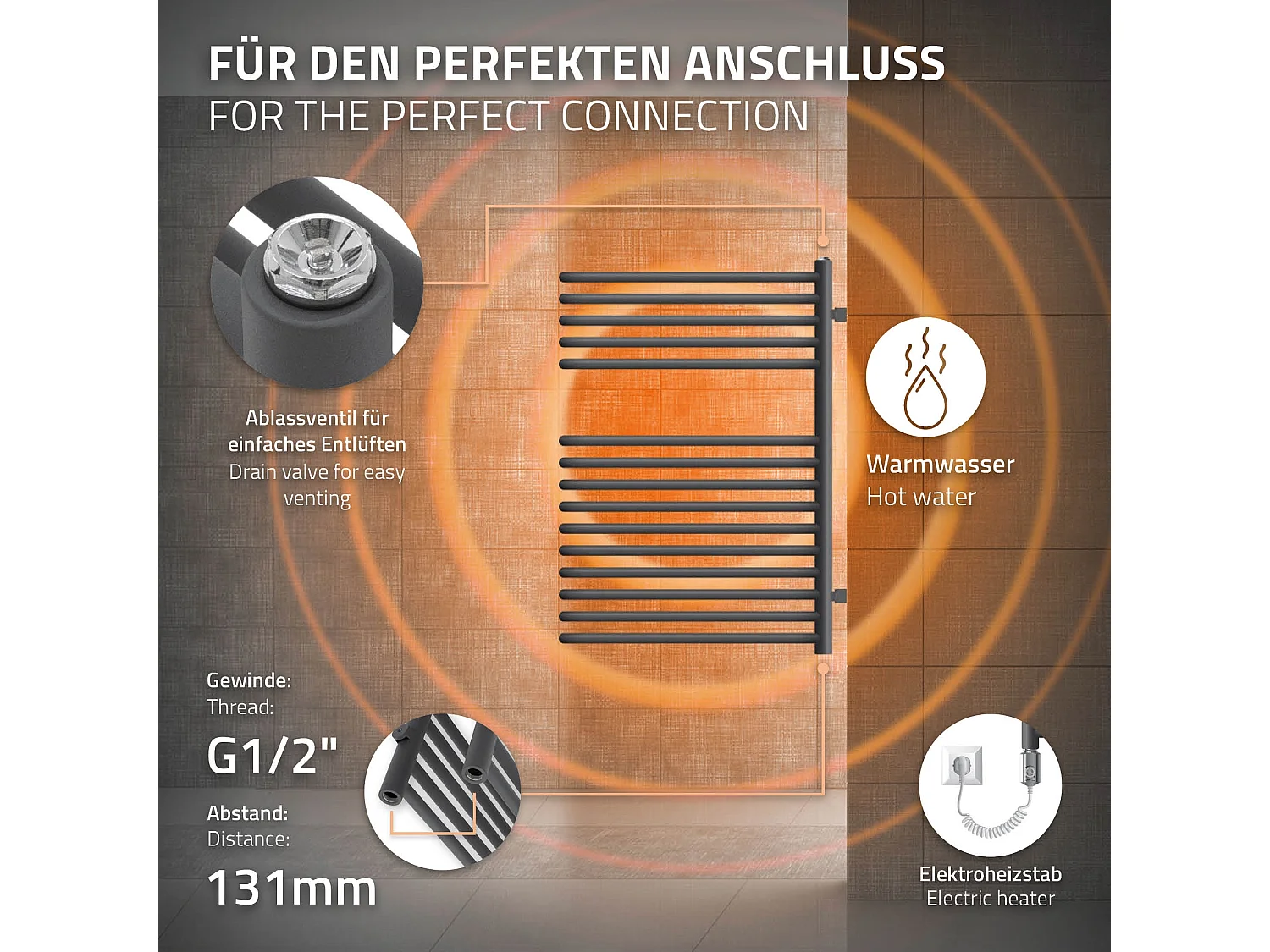 Radiateur Partition 500x800 mm anthracite moderne avec élément chauffant 300 W