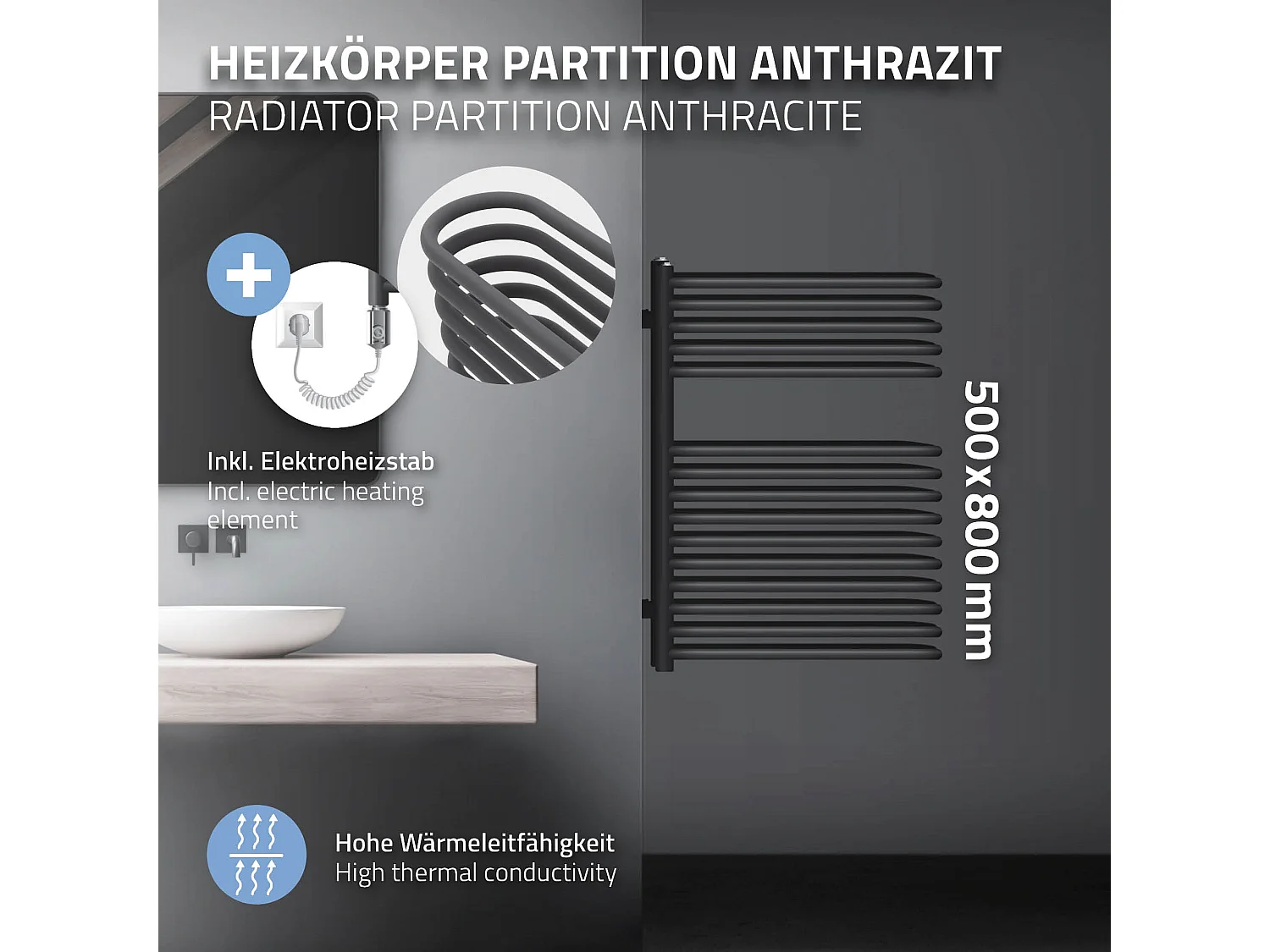 Radiador separador toallero de baño antracita 500x800mm elemento calefactor 600W