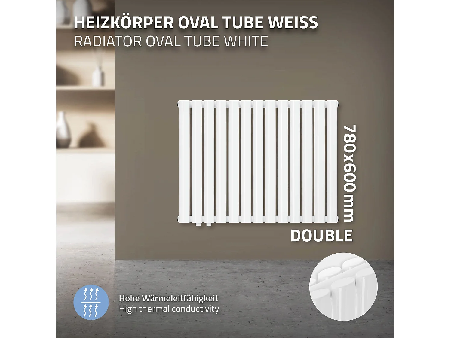 Radiateur Oval Tube double couche blanc moderne 780x600 mm raccord à gauche
