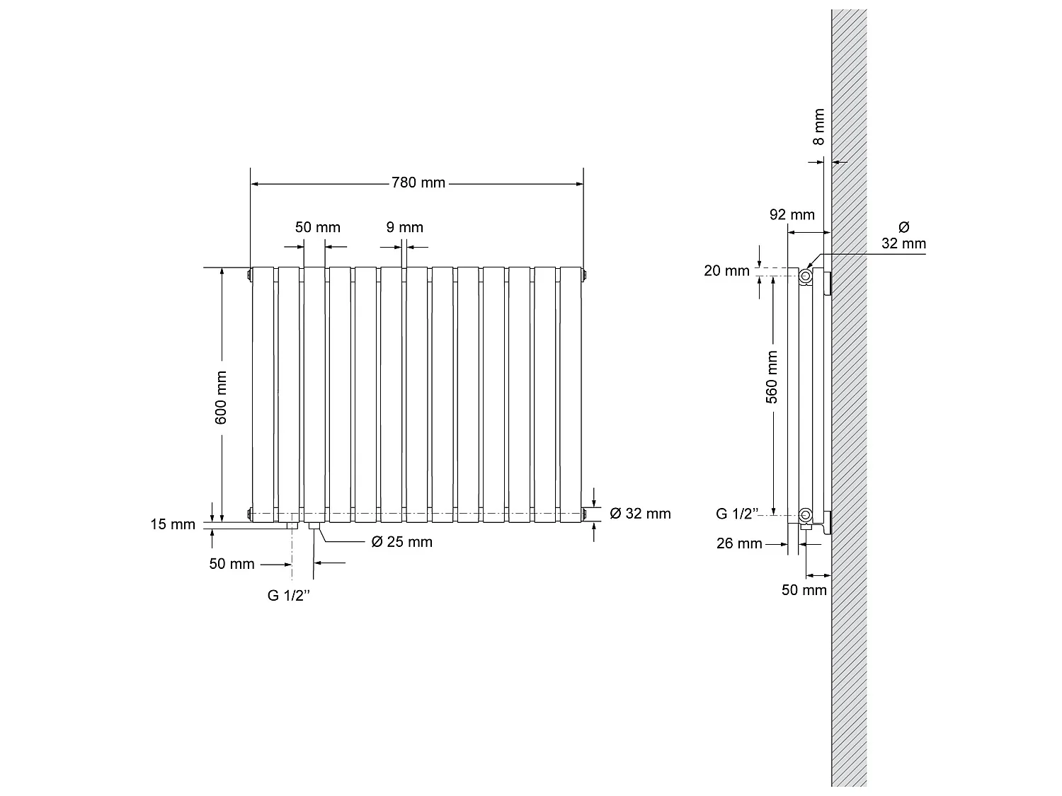 Radiateur Oval Tube double couche blanc moderne 780x600 mm raccord à gauche
