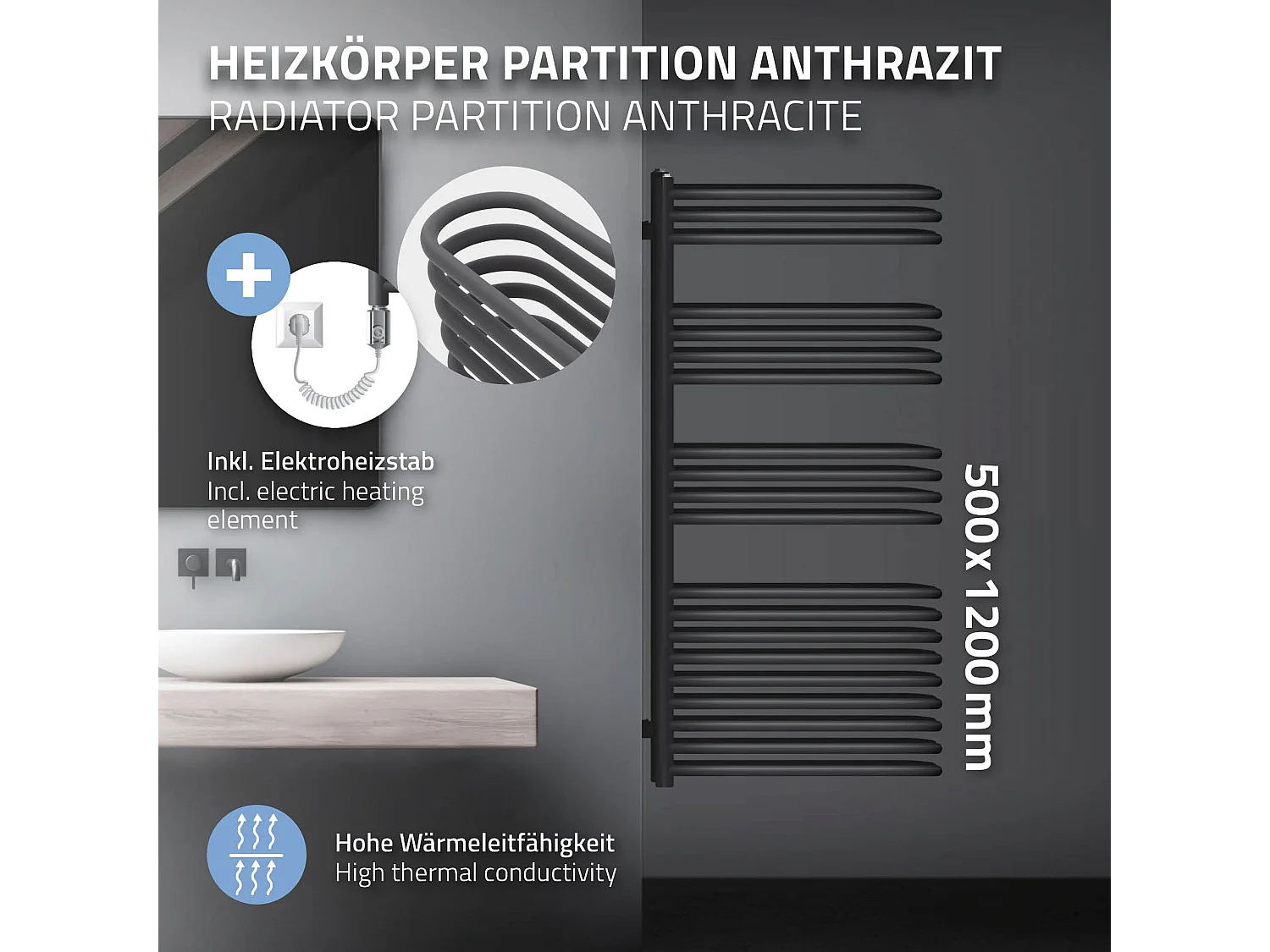 Radiateur Partition 500x1200 mm anthracite moderne avec élément chauffant 900W