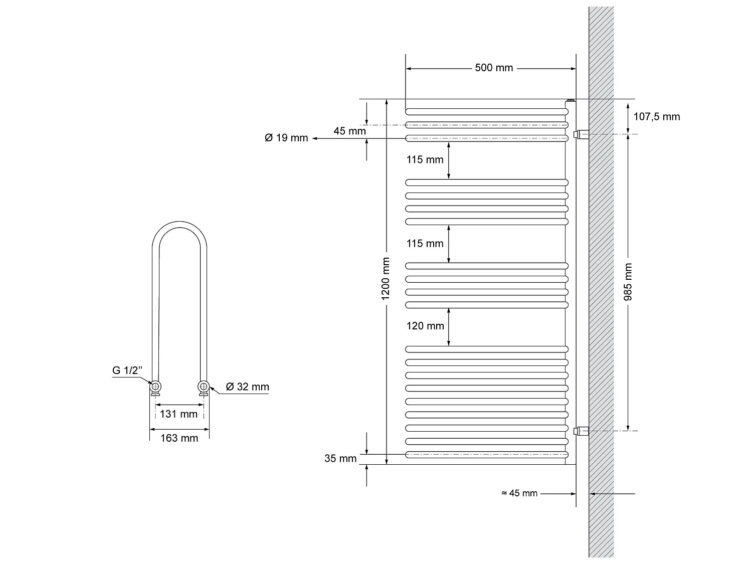 Radiateur Partition 500x1200 mm anthracite moderne avec élément chauffant 900W