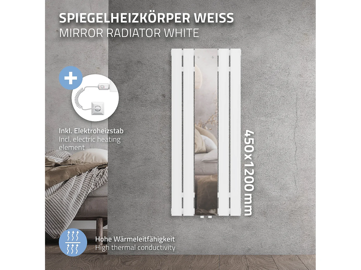 Radiateur blanc salle de bain 450x1200 mm avec miroir et élément chauffant 900W