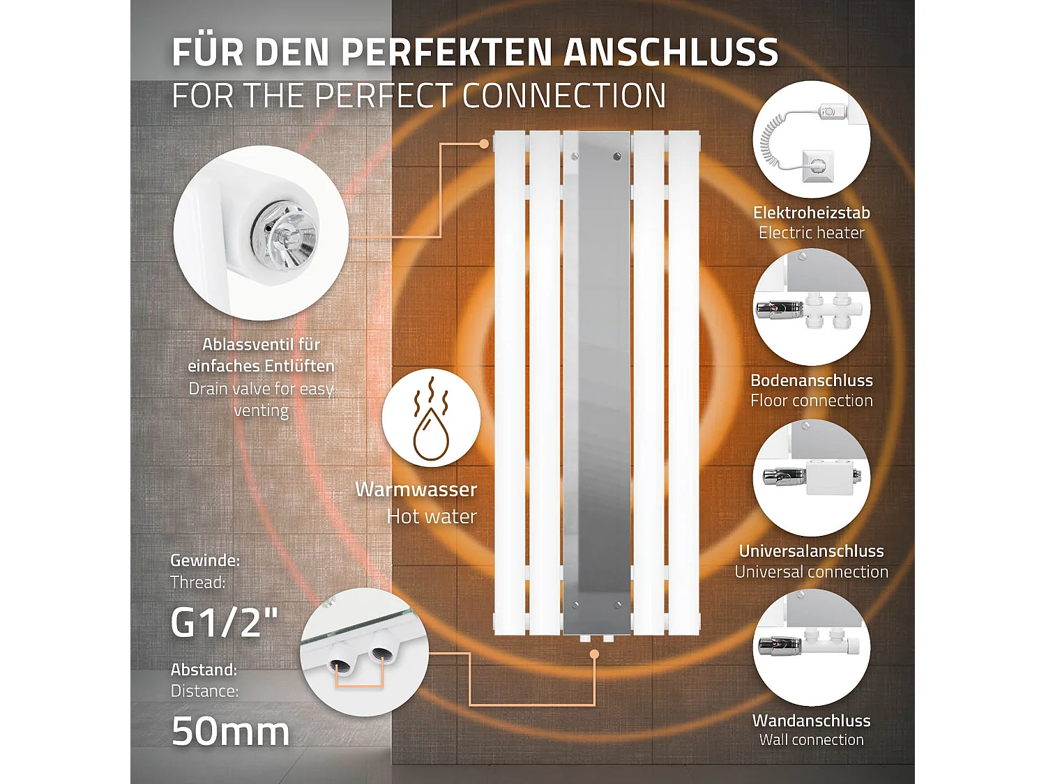Radiateur blanc salle de bain 450x1200 mm avec miroir et élément chauffant 900W