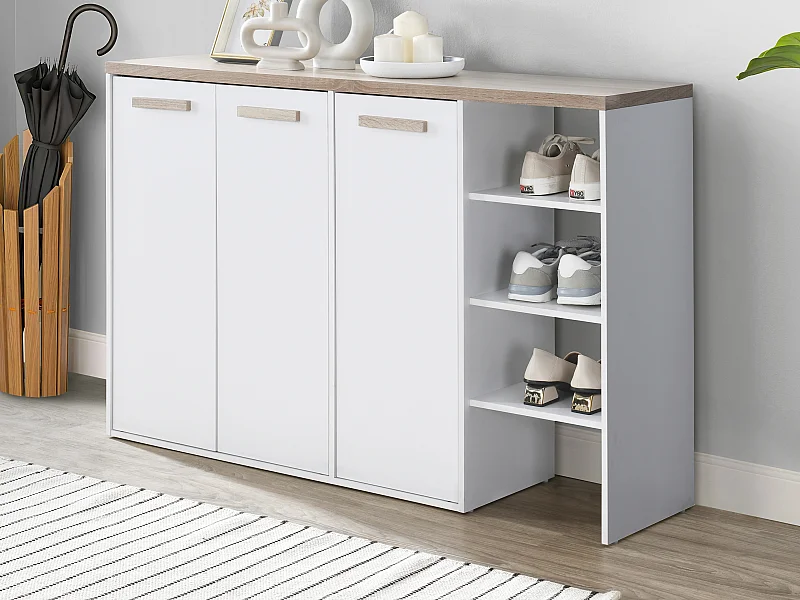 Schuhschrank - 3 Türen & 3 Ablagefächer - Weiß und Holzfarben hell - SKAIDO