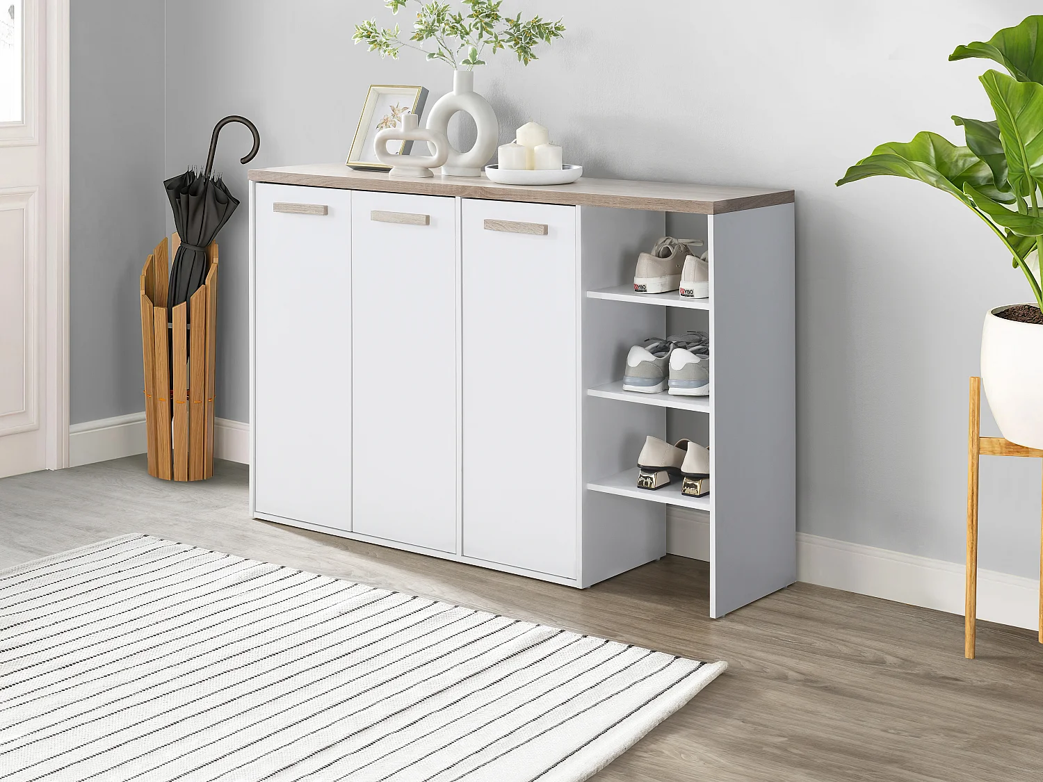 Schoenenkast met 3 deuren en 3 opbergvakken – Wit en houtlook – SKAIDO