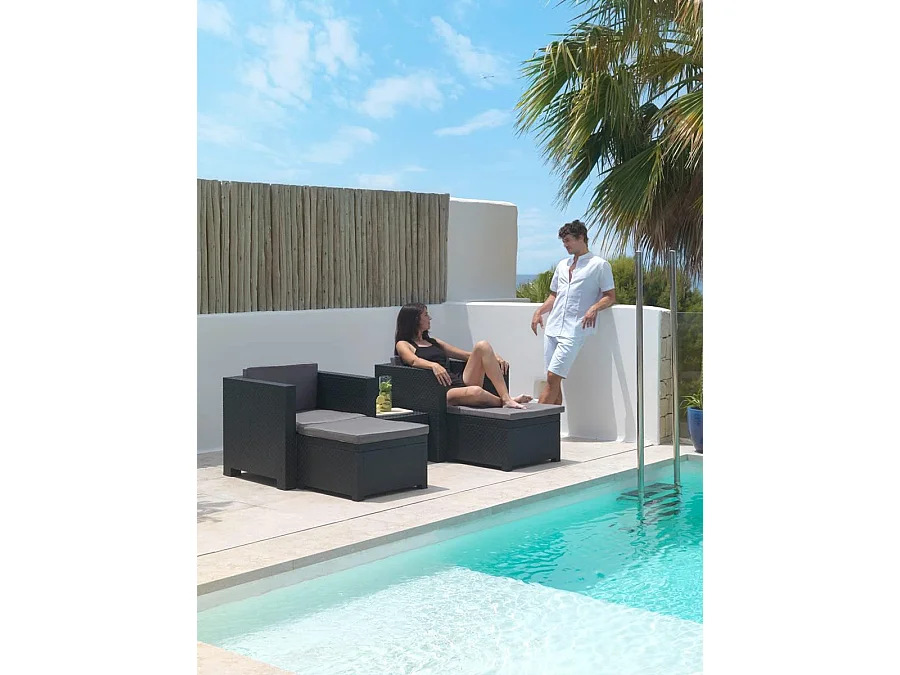 Conjunto de jardín Sira 2 sillones + 2 puffs + 1 mesa grafito