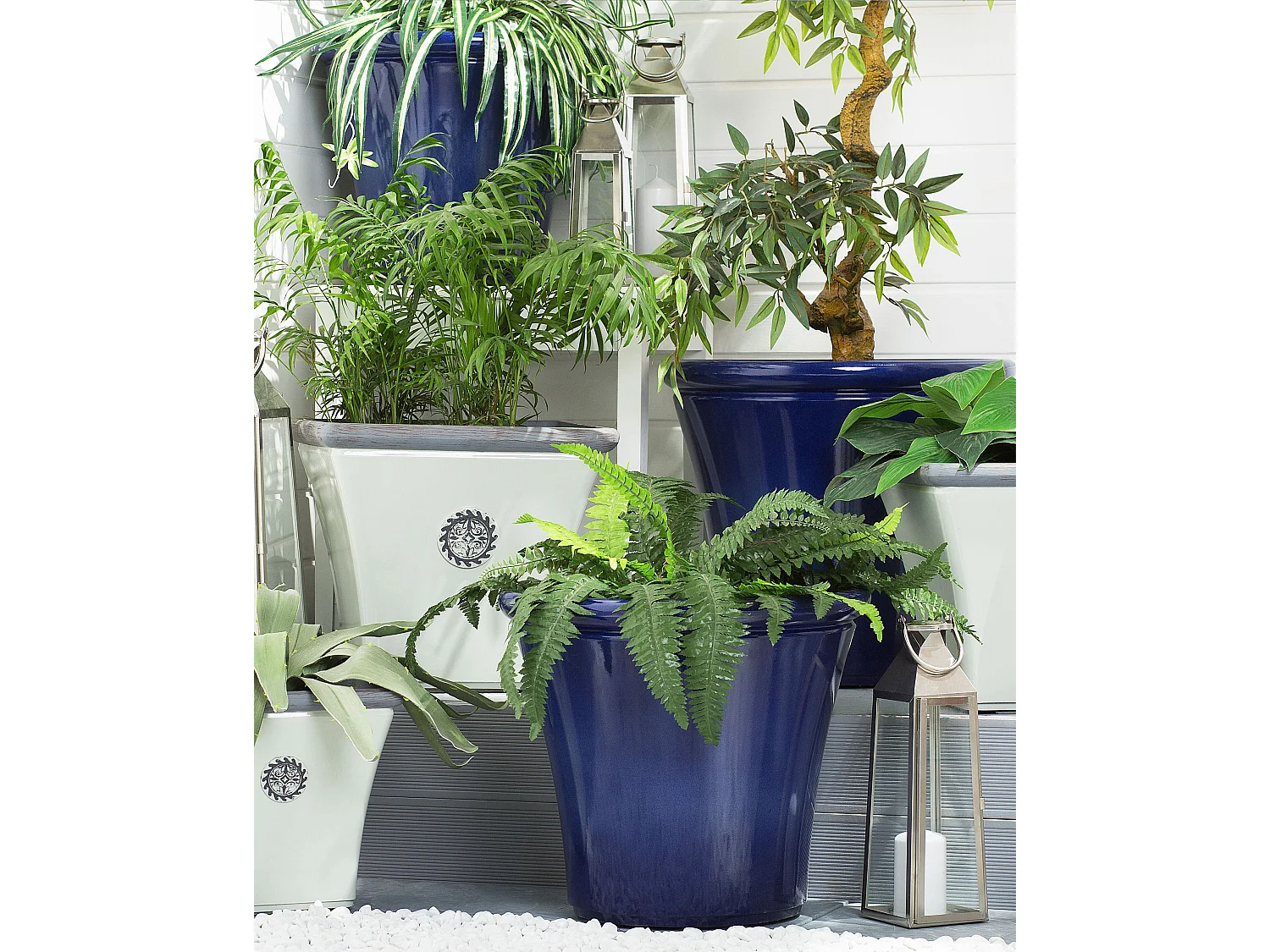 Blumentopf Lehm / Glasfaser blau 2er Set rund ⌀ 46 cm Outdoor Modern Kokkino