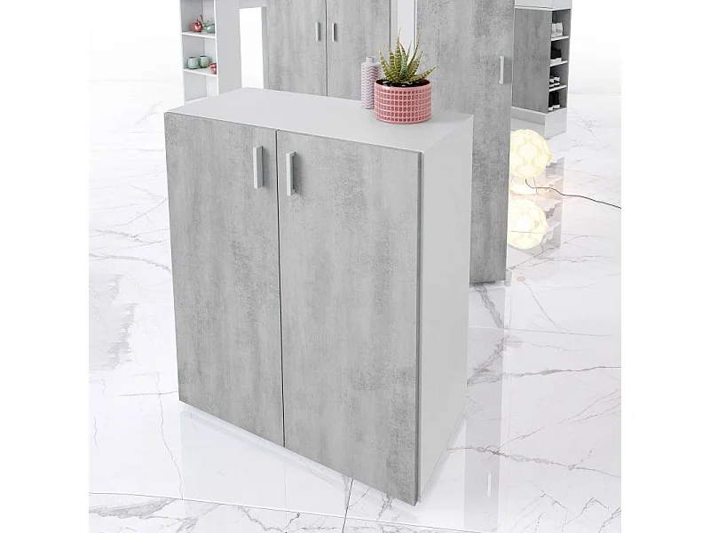 Armario multiusos 2 puertas mueble auxiliar blanco y cemento 92x80x37 cm