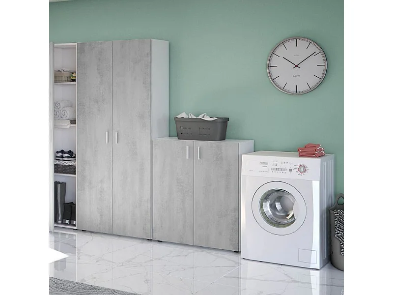 Armario multiusos 2 puertas mueble auxiliar blanco y cemento 92x80x37 cm