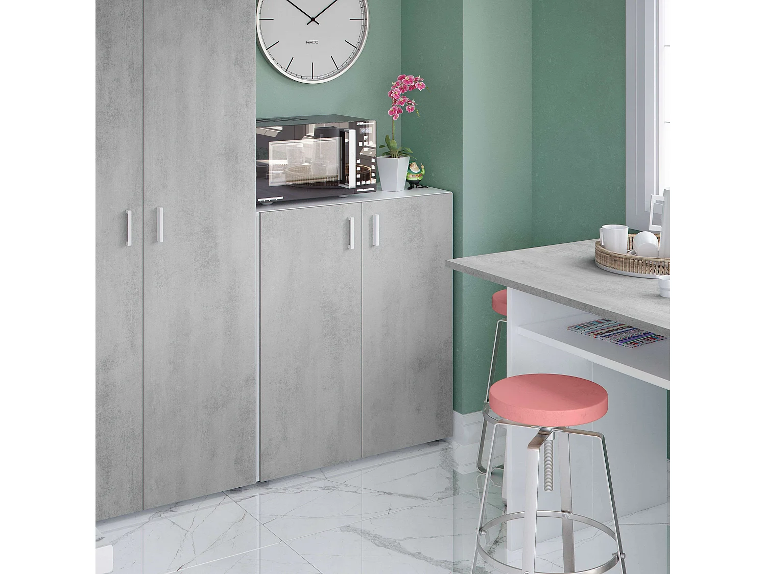 Armario multiusos 2 puertas mueble auxiliar blanco y cemento 92x80x37 cm