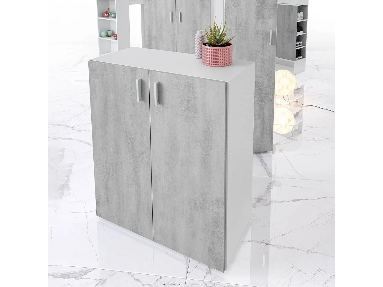 Armario multiusos 2 puertas mueble auxiliar blanco y cemento 92x80x37 cm