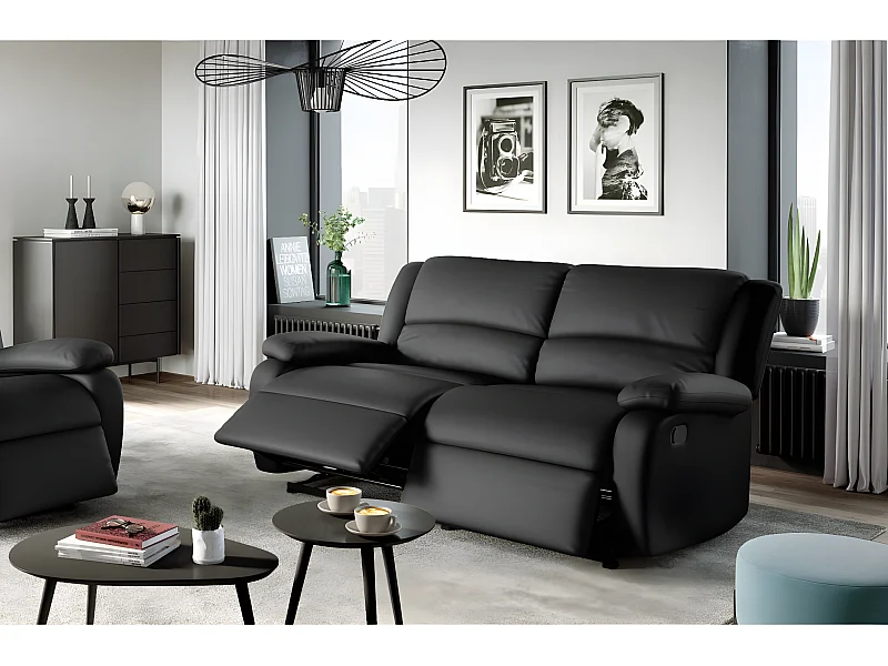 Canapé relax manuel 3 places avec 2 assises XXL Léo en simili - Noir - L193 x P93 x H96cm - Loungitude