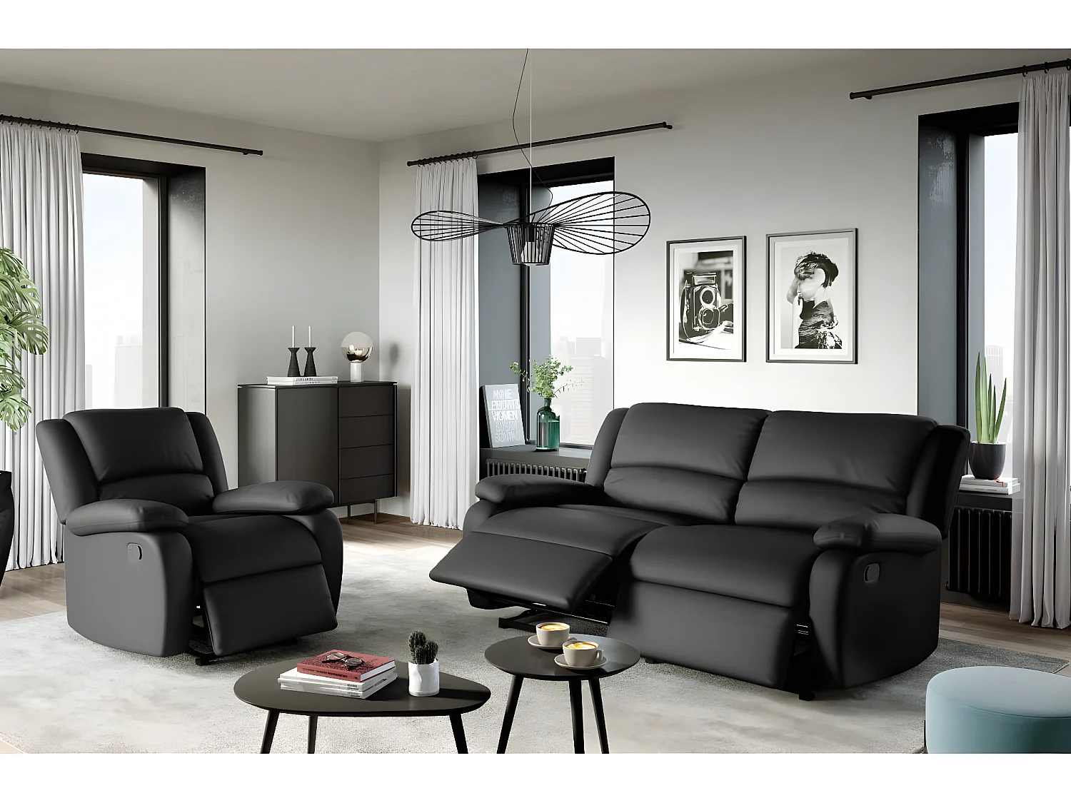 Canapé relax manuel 3 places avec 2 assises XXL Léo en simili - Noir - L193 x P93 x H96cm - Loungitude