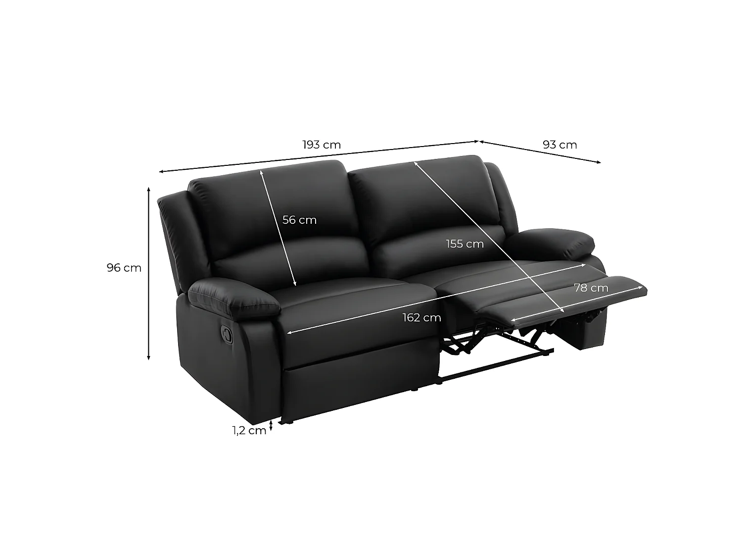 Canapé relax manuel 3 places avec 2 assises XXL Léo en simili - Noir - L193 x P93 x H96cm - Loungitude
