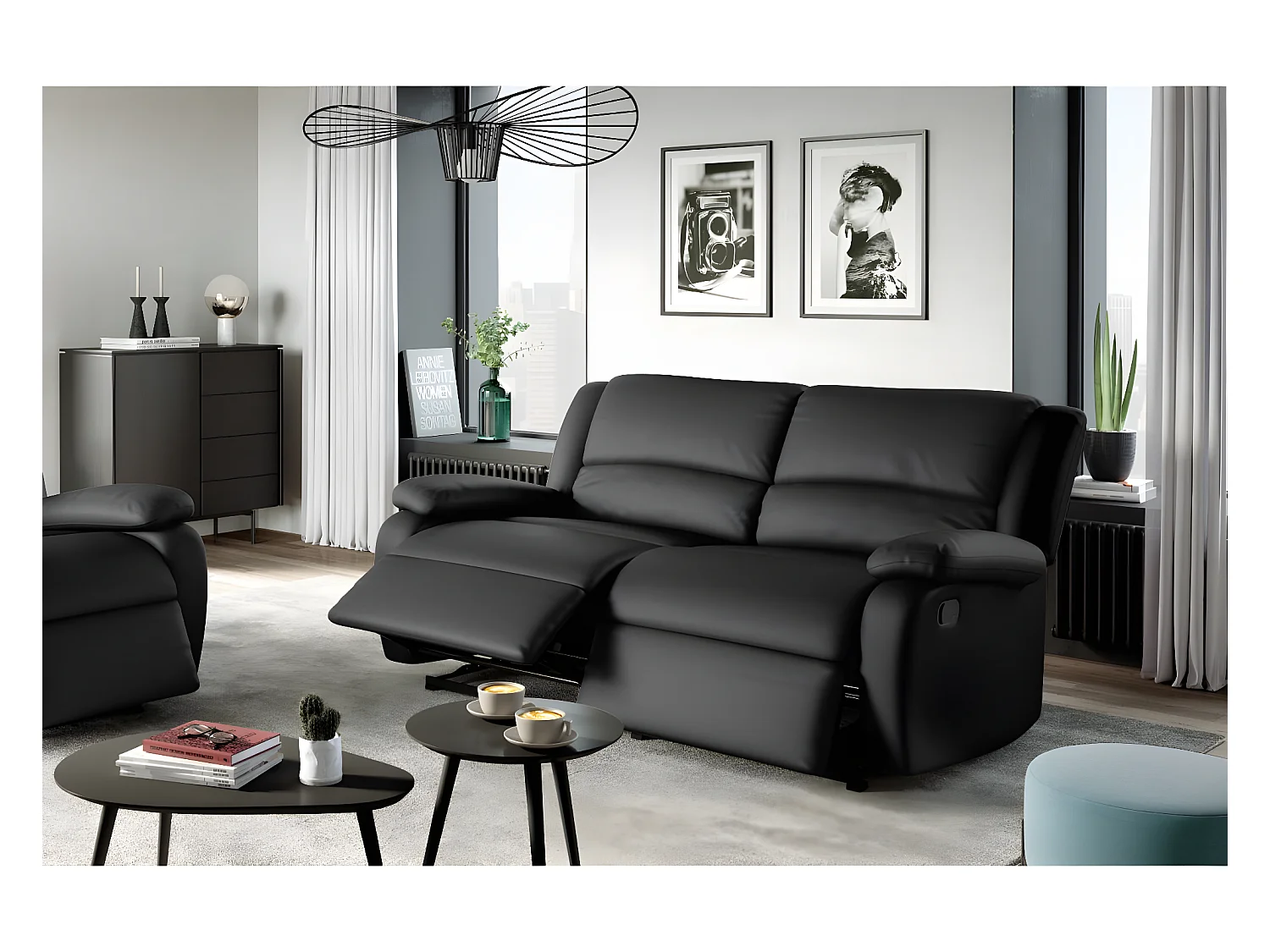 Canapé relax manuel 3 places avec 2 assises XXL Léo en simili - Noir - L193 x P93 x H96cm - Loungitude