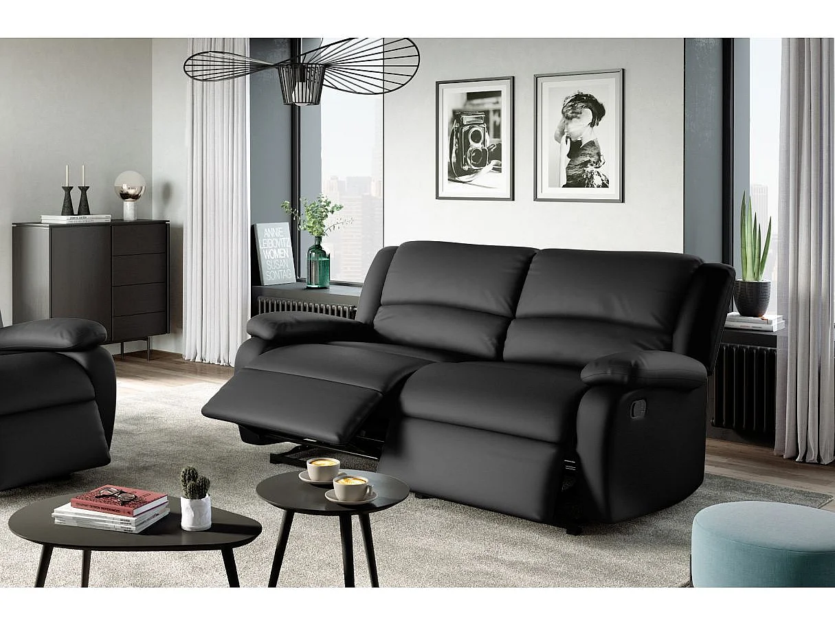 Canapé relax manuel 3 places avec 2 assises XXL Léo en simili - Noir - L193 x P93 x H96cm - Loungitude
