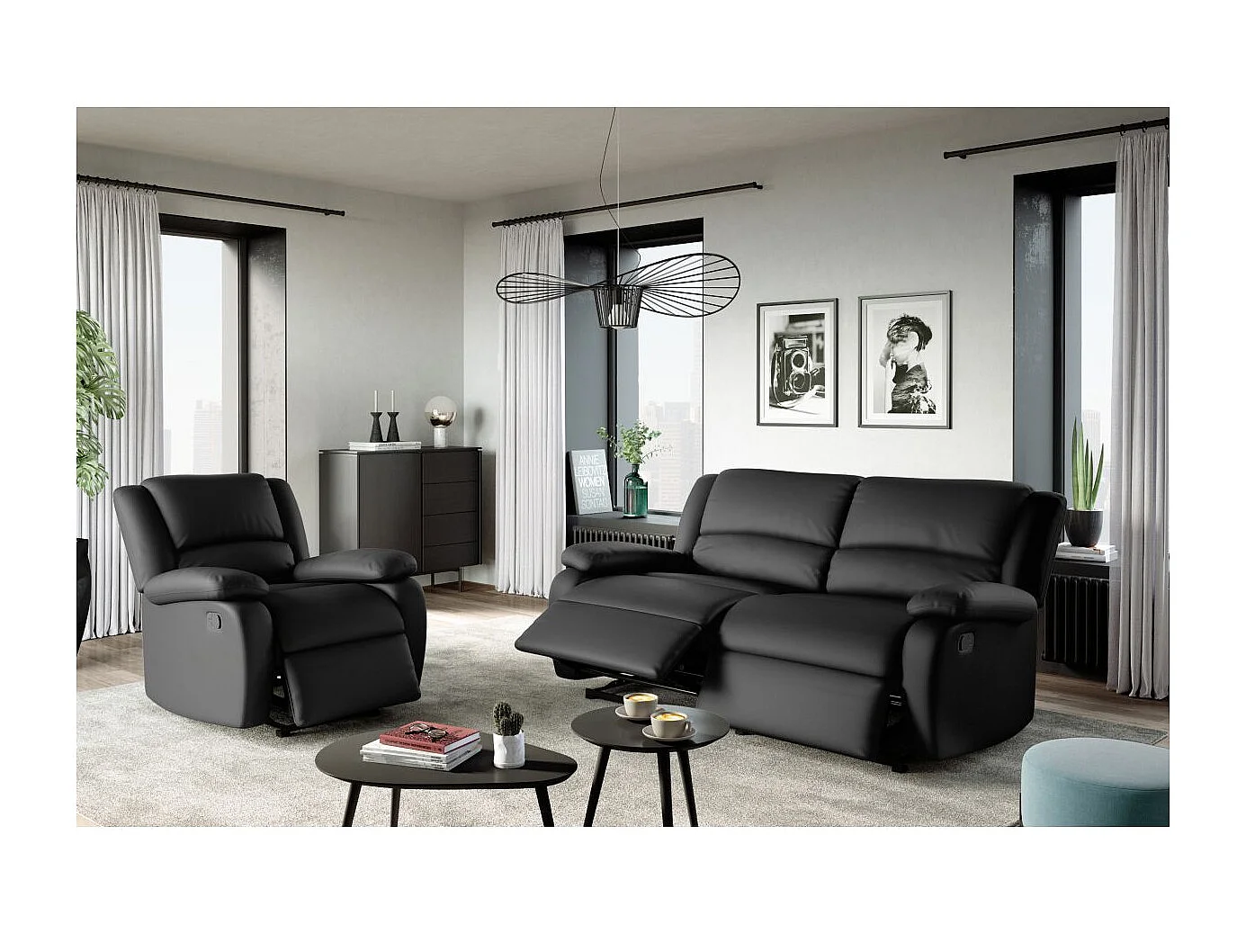 Canapé relax manuel 3 places avec 2 assises XXL Léo en simili - Noir - L193 x P93 x H96cm - Loungitude