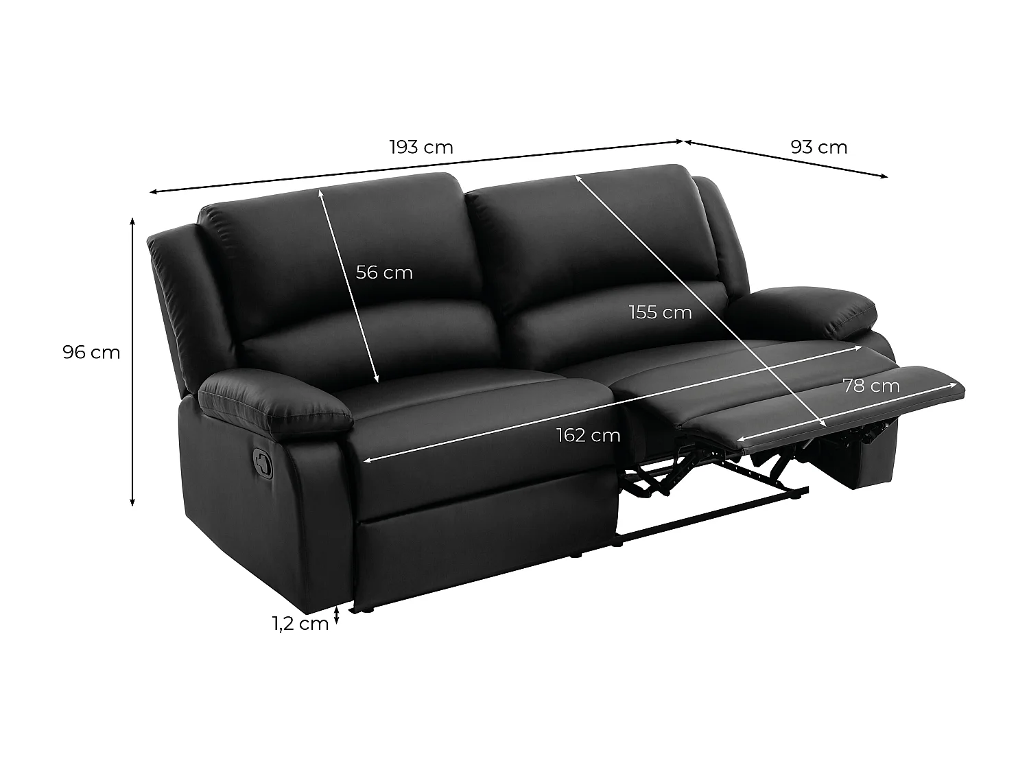 Canapé relax manuel 3 places avec 2 assises XXL Léo en simili - Noir - L193 x P93 x H96cm - Loungitude