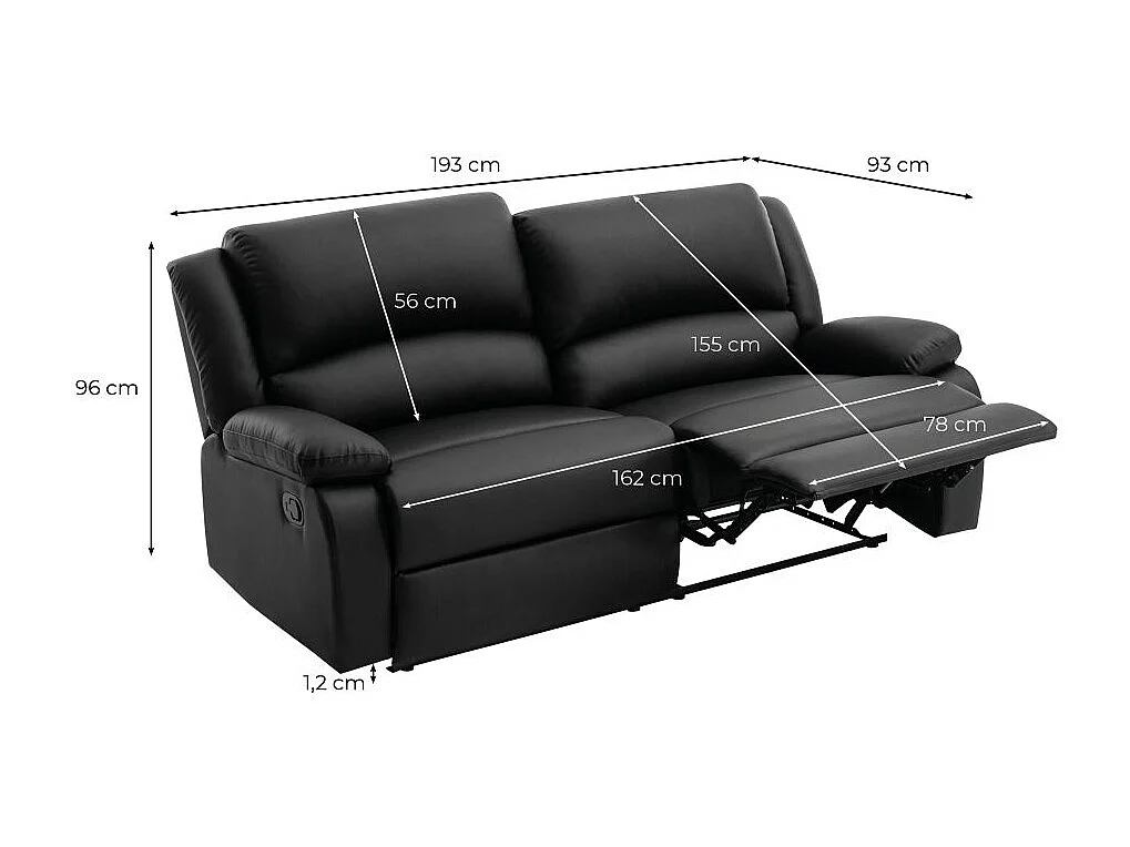 Canapé relax manuel 3 places avec 2 assises XXL Léo en simili - Noir - L193 x P93 x H96cm - Loungitude