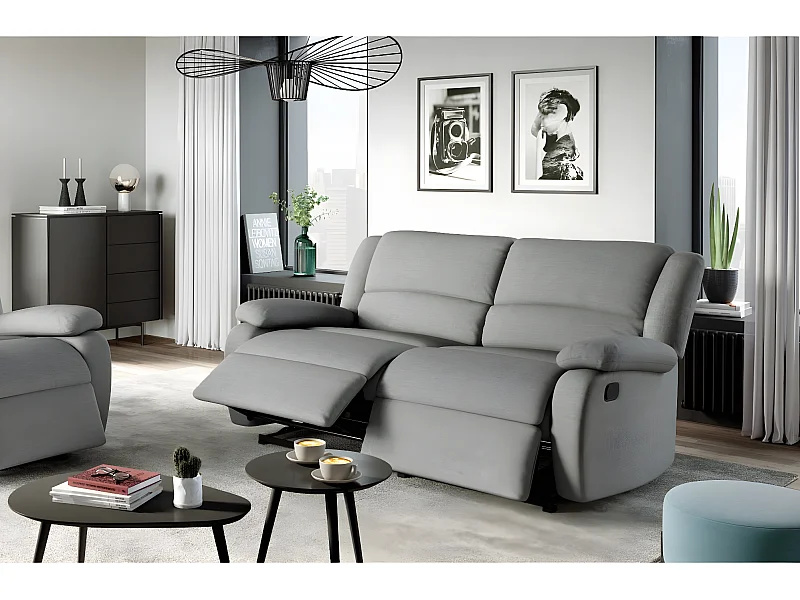Canapé relax manuel 3 places avec 2 assises XXL Léo en tissu - Gris clair - L193 x P93 x H96cm - Loungitude