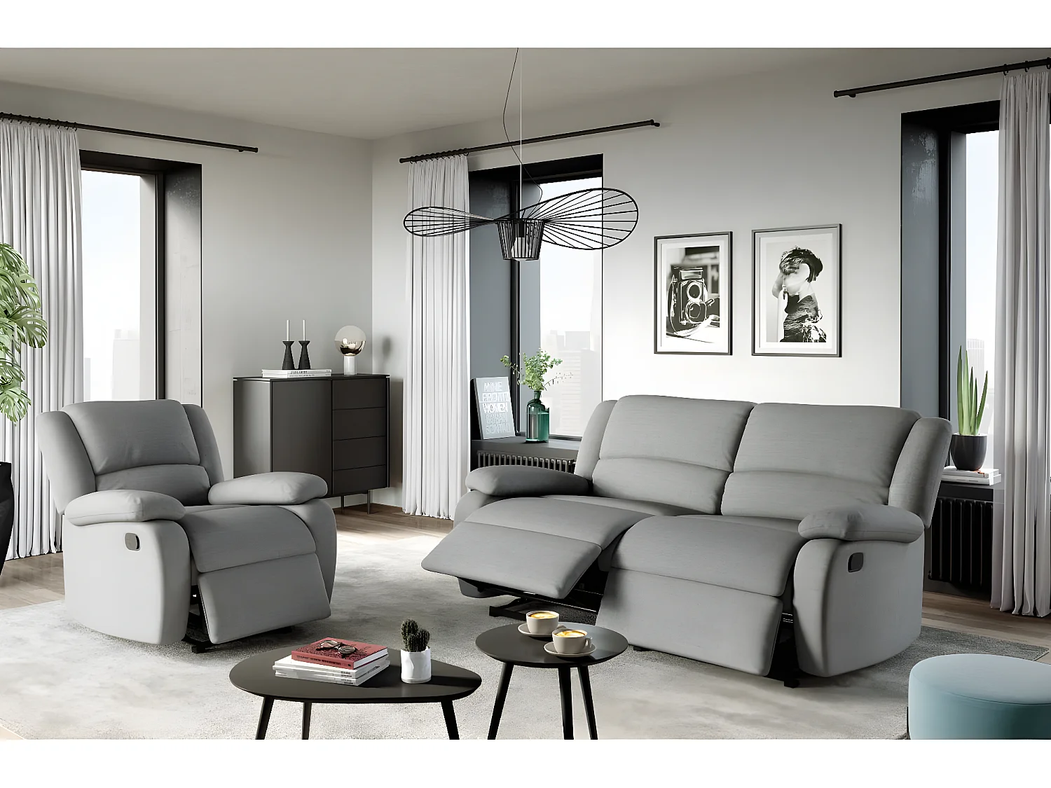 Canapé relax manuel 3 places avec 2 assises XXL Léo en tissu - Gris clair - L193 x P93 x H96cm - Loungitude