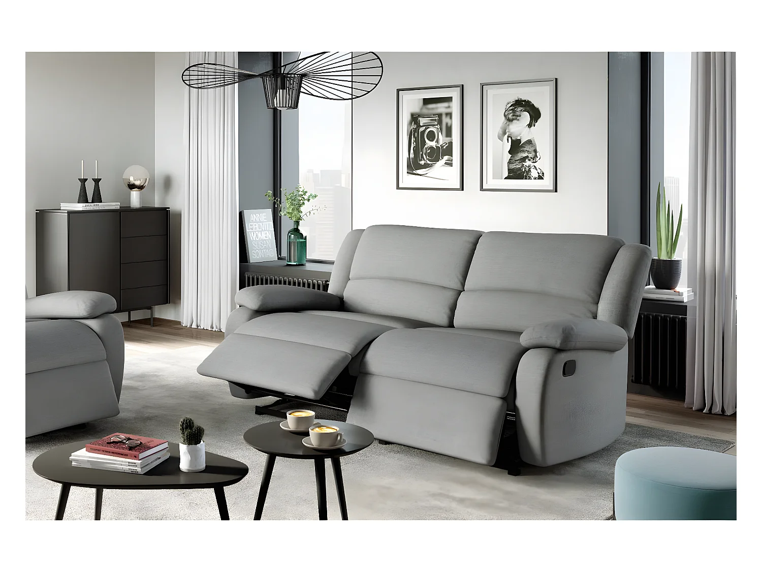 Canapé relax manuel 3 places avec 2 assises XXL Léo en tissu - Gris clair - L193 x P93 x H96cm - Loungitude
