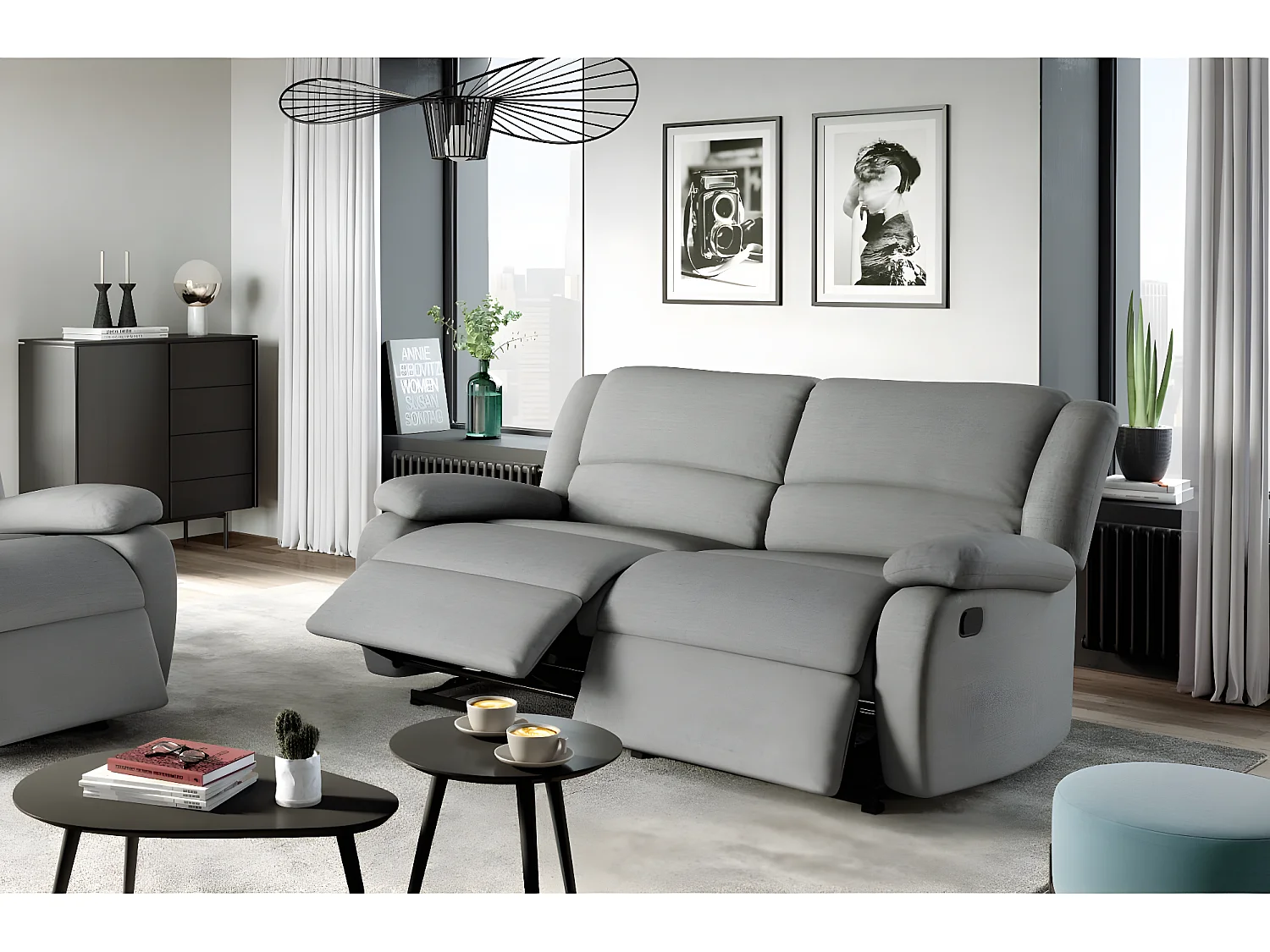 Canapé relax manuel 3 places avec 2 assises XXL Léo en tissu - Gris clair - L193 x P93 x H96cm - Loungitude