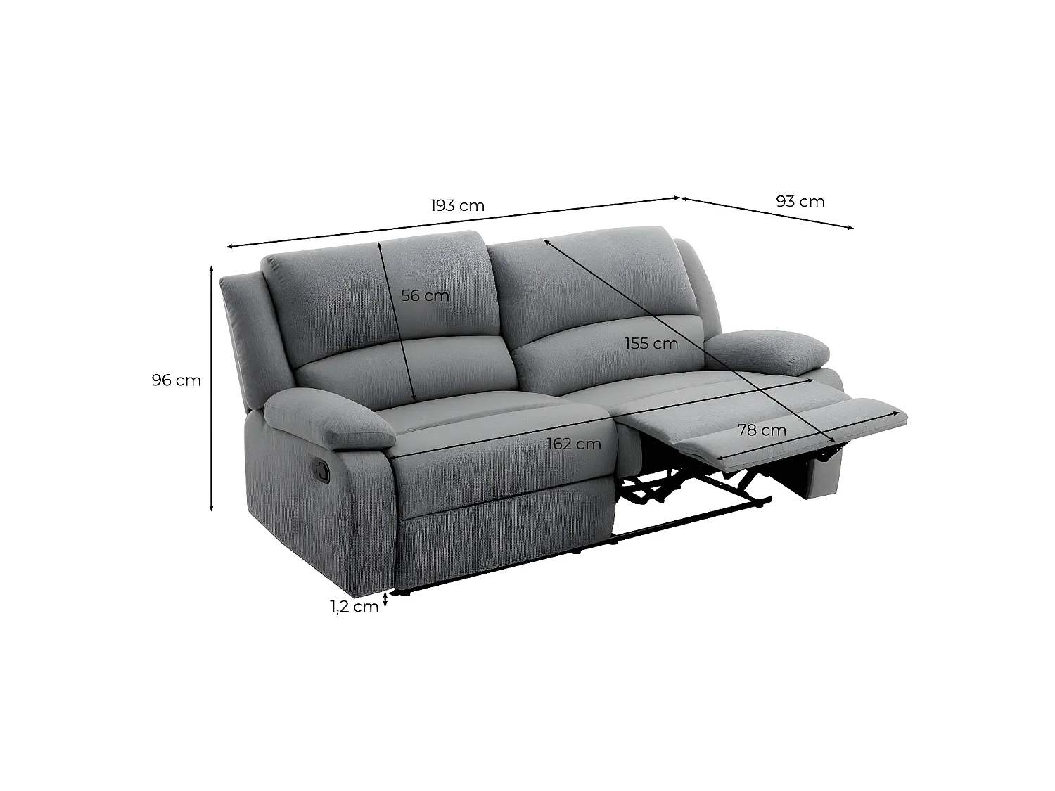 Canapé relax manuel 3 places avec 2 assises XXL Léo en tissu - Gris clair - L193 x P93 x H96cm - Loungitude