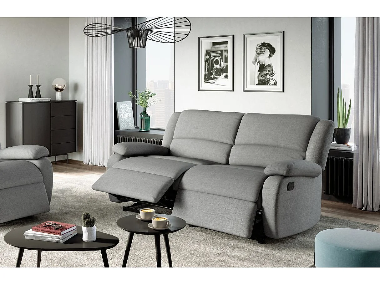 Canapé relax manuel 3 places avec 2 assises XXL Léo en tissu - Gris clair - L193 x P93 x H96cm - Loungitude