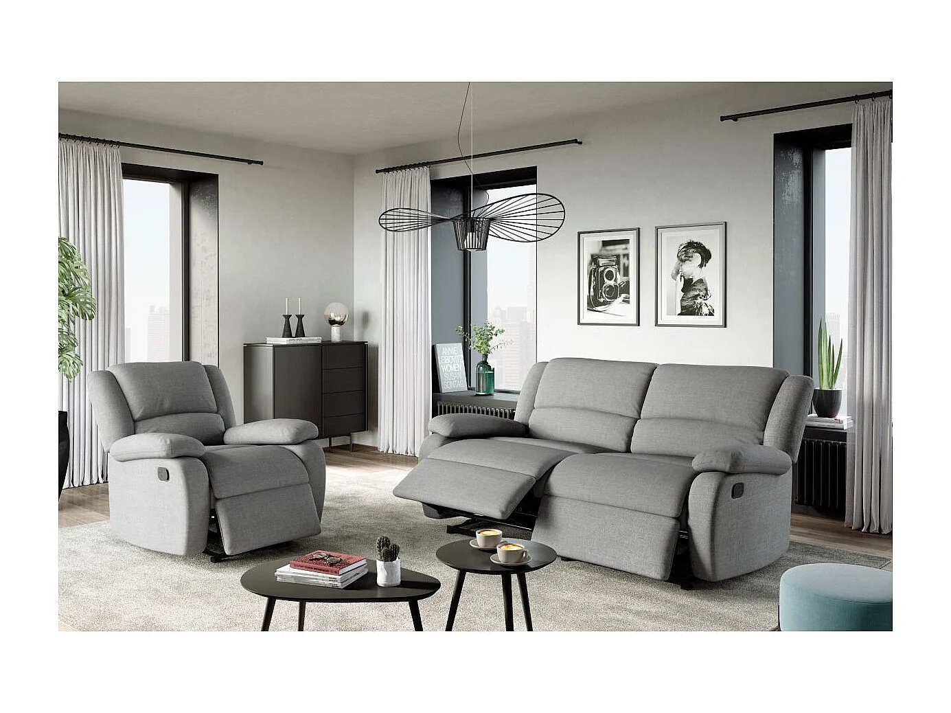 Canapé relax manuel 3 places avec 2 assises XXL Léo en tissu - Gris clair - L193 x P93 x H96cm - Loungitude
