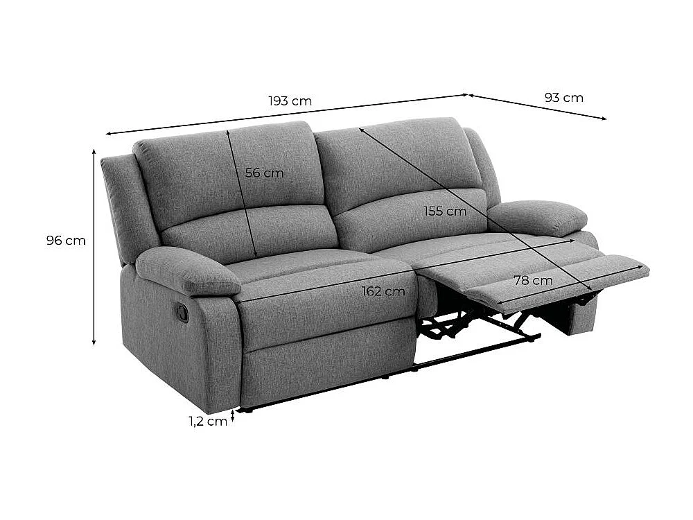 Canapé relax manuel 3 places avec 2 assises XXL Léo en tissu - Gris clair - L193 x P93 x H96cm - Loungitude