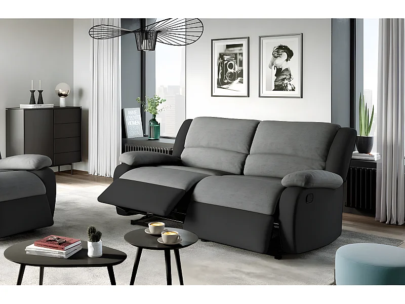 Canapé relax manuel 3 places avec 2 assises XXL Léo en microfibre et simili - Noir/Gris - L193 x P93 x H96cm - Loungitude