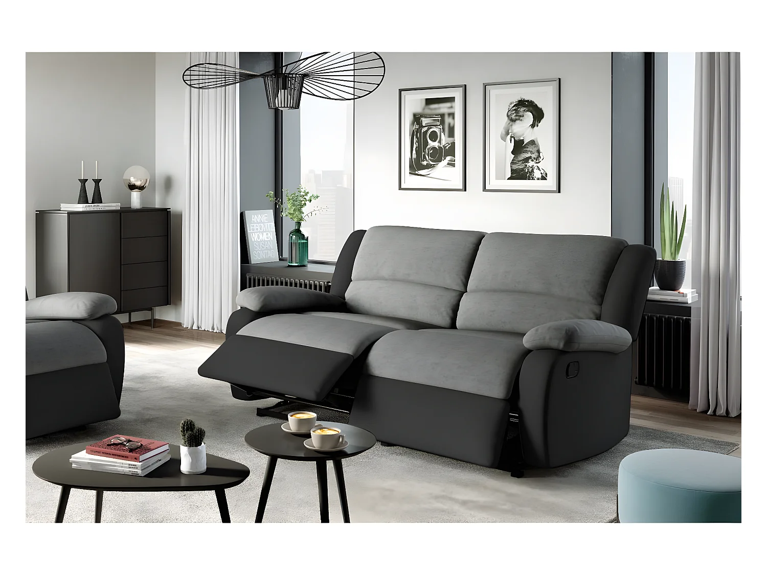 Canapé relax manuel 3 places avec 2 assises XXL Léo en microfibre et simili - Noir/Gris - L193 x P93 x H96cm - Loungitude