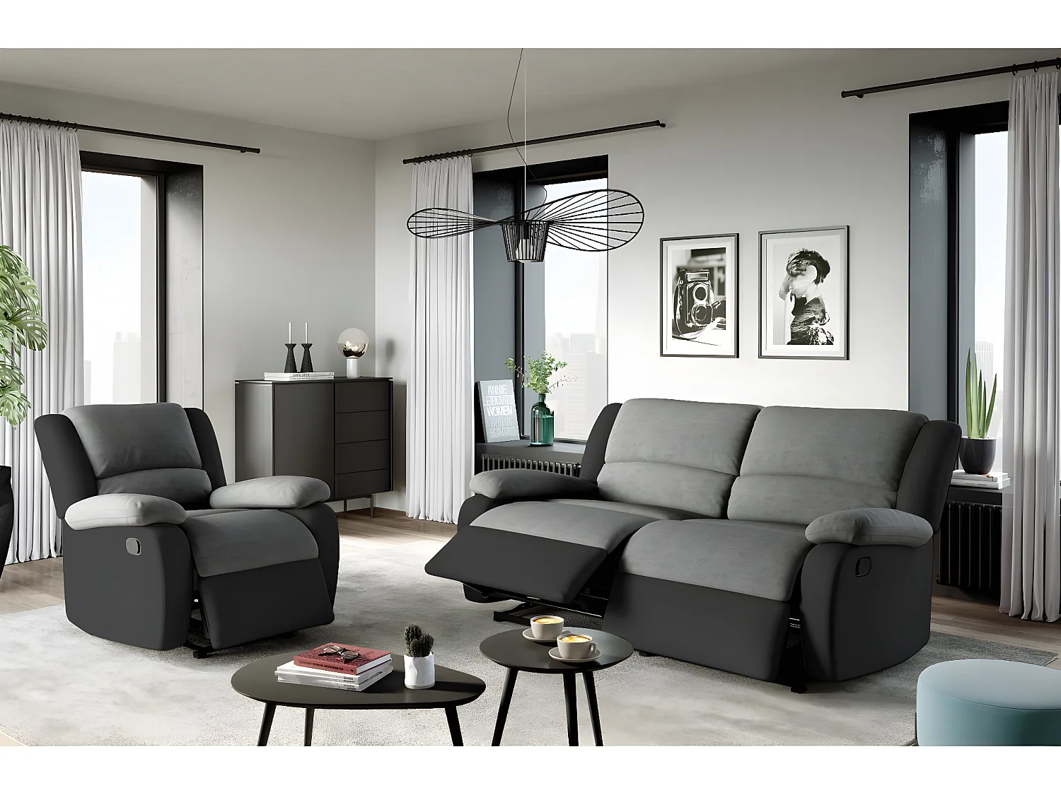 Canapé relax manuel 3 places avec 2 assises XXL Léo en microfibre et simili - Noir/Gris - L193 x P93 x H96cm - Loungitude