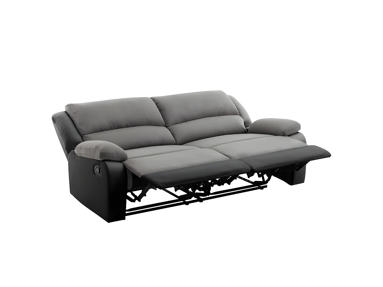 Canapé relax manuel 3 places avec 2 assises XXL Léo en microfibre et simili - Noir/Gris - L193 x P93 x H96cm - Loungitude