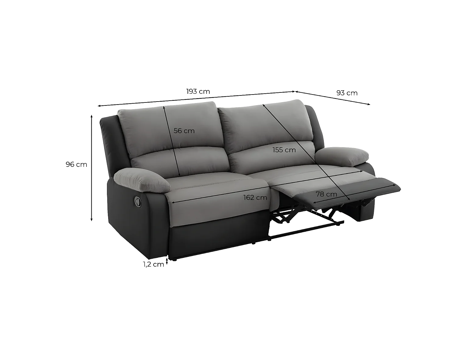 Canapé relax manuel 3 places avec 2 assises XXL Léo en microfibre et simili - Noir/Gris - L193 x P93 x H96cm - Loungitude