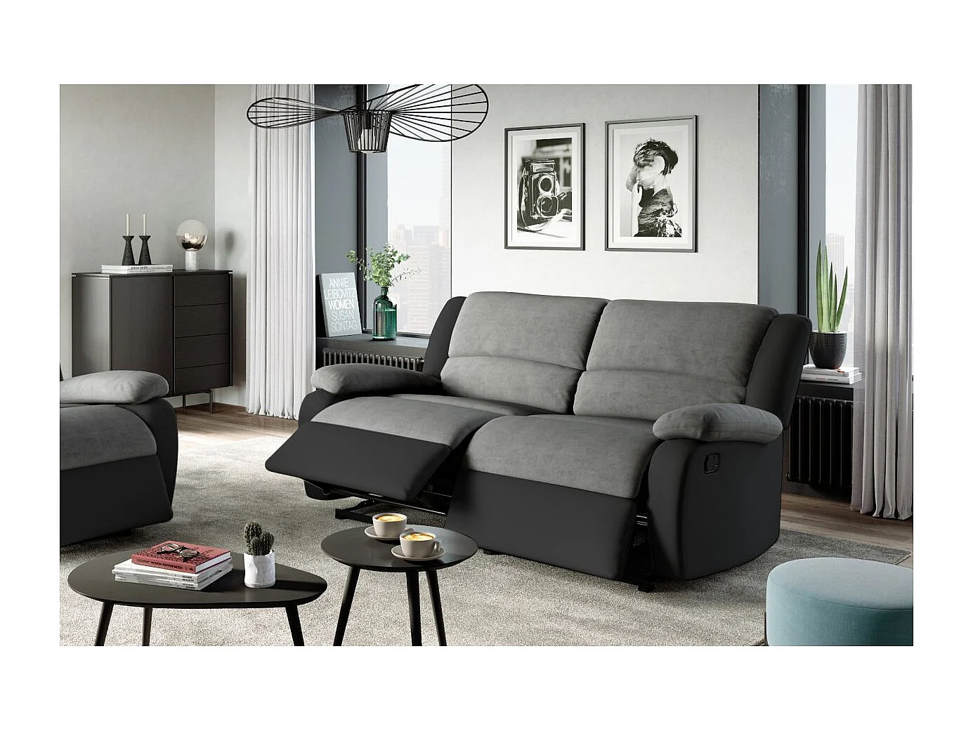 Canapé relax manuel 3 places avec 2 assises XXL Léo en microfibre et simili - Noir/Gris - L193 x P93 x H96cm - Loungitude