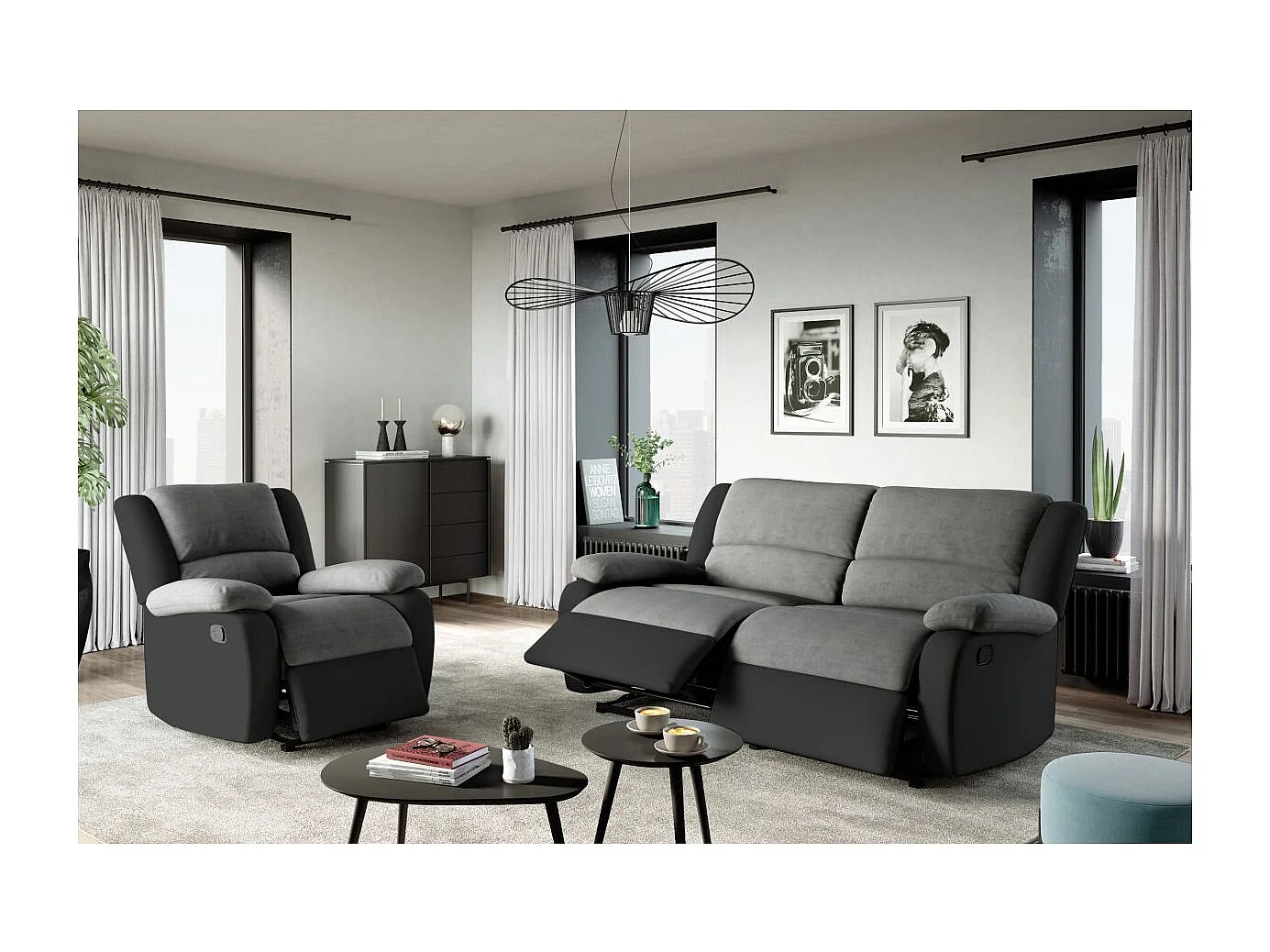 Canapé relax manuel 3 places avec 2 assises XXL Léo en microfibre et simili - Noir/Gris - L193 x P93 x H96cm - Loungitude