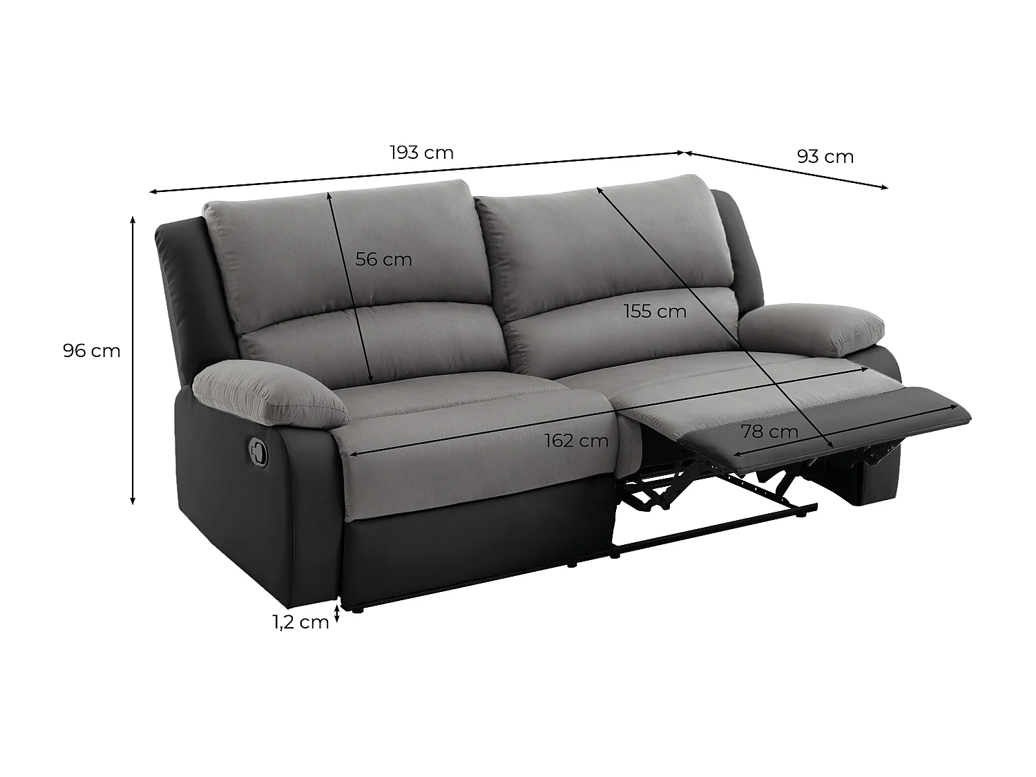 Canapé relax manuel 3 places avec 2 assises XXL Léo en microfibre et simili - Noir/Gris - L193 x P93 x H96cm - Loungitude