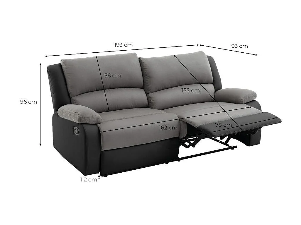 Canapé relax manuel 3 places avec 2 assises XXL Léo en microfibre et simili - Noir/Gris - L193 x P93 x H96cm - Loungitude