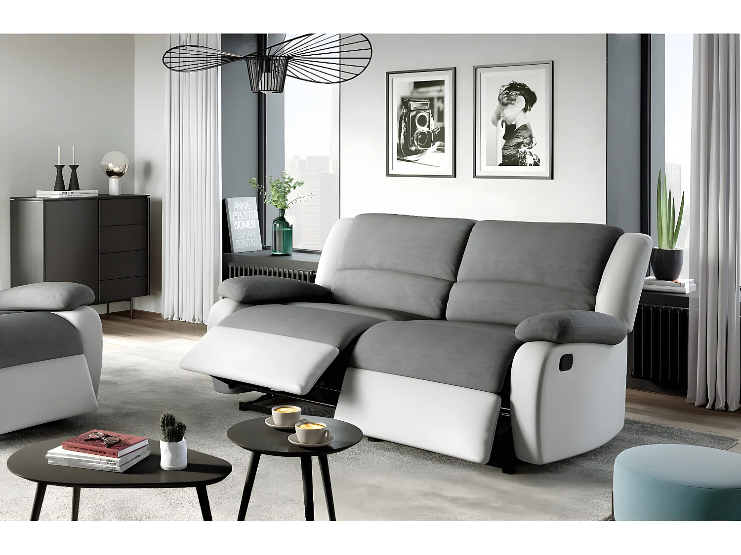 Canapé relax manuel 3 places avec 2 assises XXL Léo en microfibre et simili - Blanc/Gris - L193 x P93 x H96cm - Loungitude