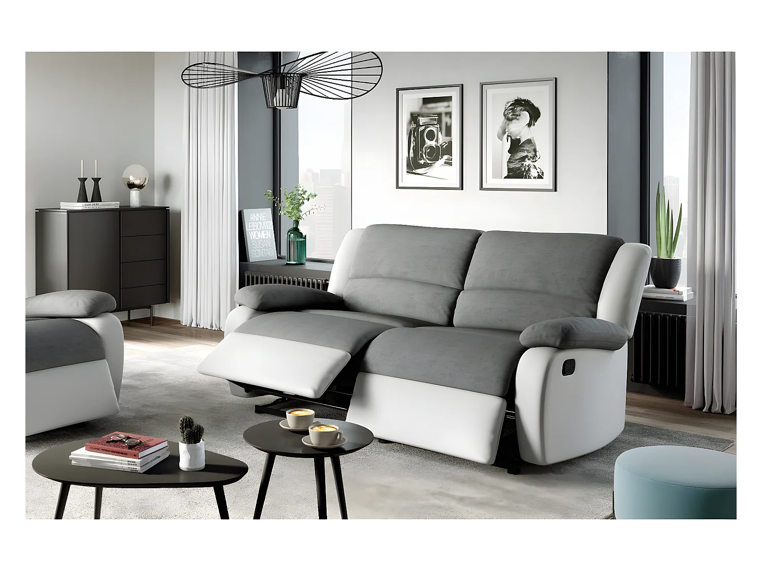 Canapé relax manuel 3 places avec 2 assises XXL Léo en microfibre et simili - Blanc/Gris - L193 x P93 x H96cm - Loungitude