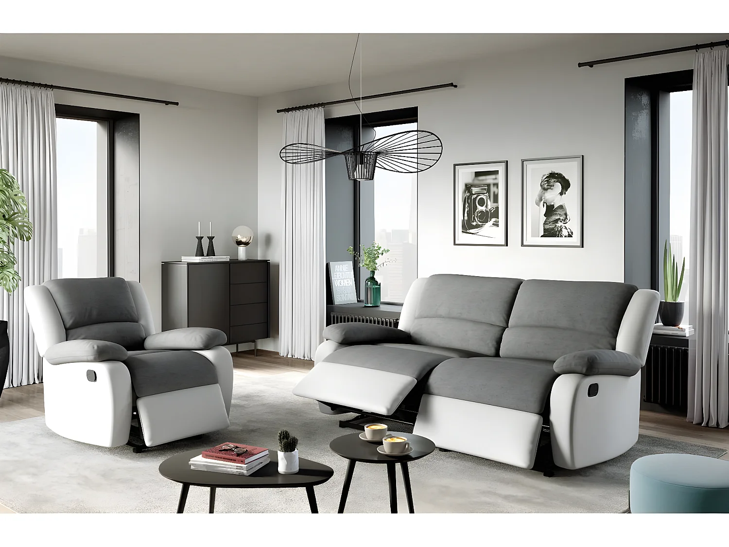 Canapé relax manuel 3 places avec 2 assises XXL Léo en microfibre et simili - Blanc/Gris - L193 x P93 x H96cm - Loungitude