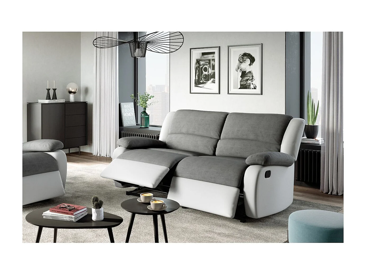 Canapé relax manuel 3 places avec 2 assises XXL Léo en microfibre et simili - Blanc/Gris - L193 x P93 x H96cm - Loungitude