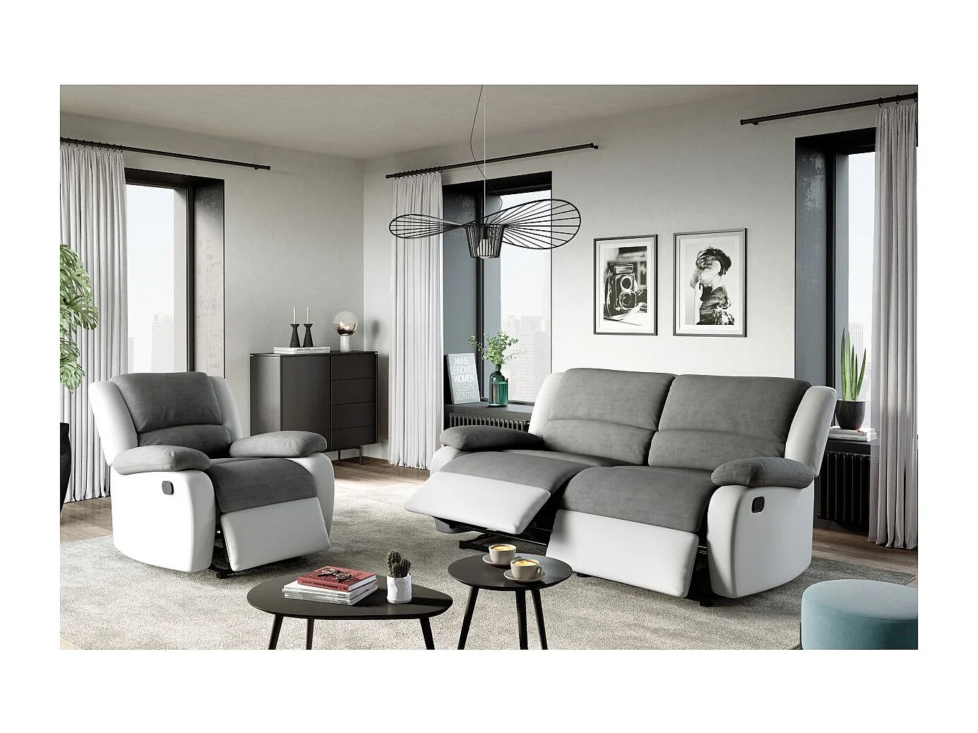 Canapé relax manuel 3 places avec 2 assises XXL Léo en microfibre et simili - Blanc/Gris - L193 x P93 x H96cm - Loungitude