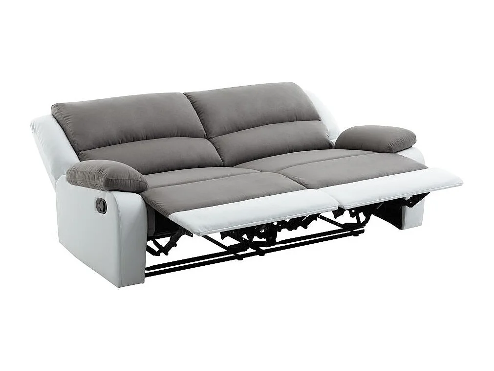 Canapé relax manuel 3 places avec 2 assises XXL Léo en microfibre et simili - Blanc/Gris - L193 x P93 x H96cm - Loungitude